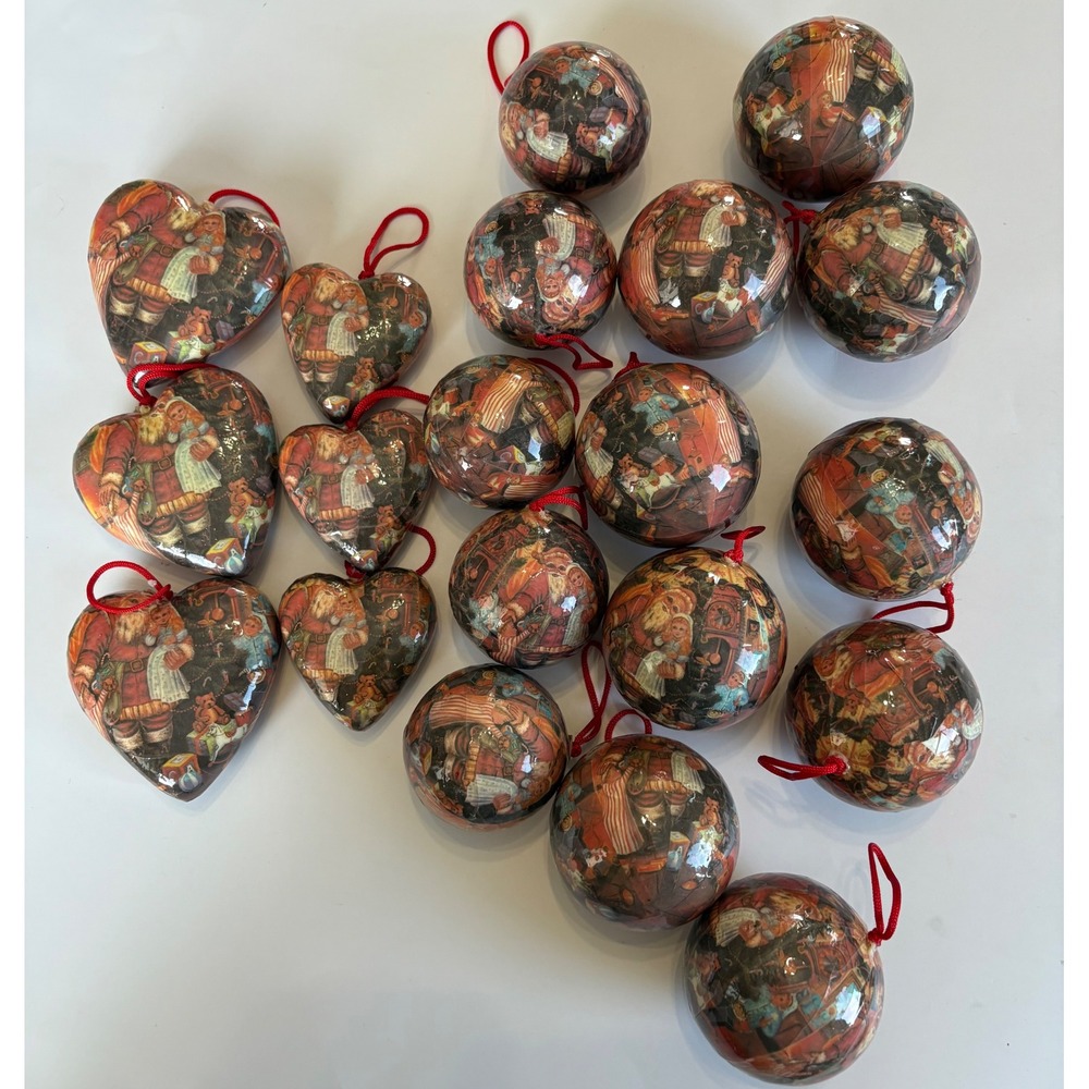 Vintage Decoupage Santa Toy Christmas Ornaments 20 ct Various Sizes Heart & Ball
